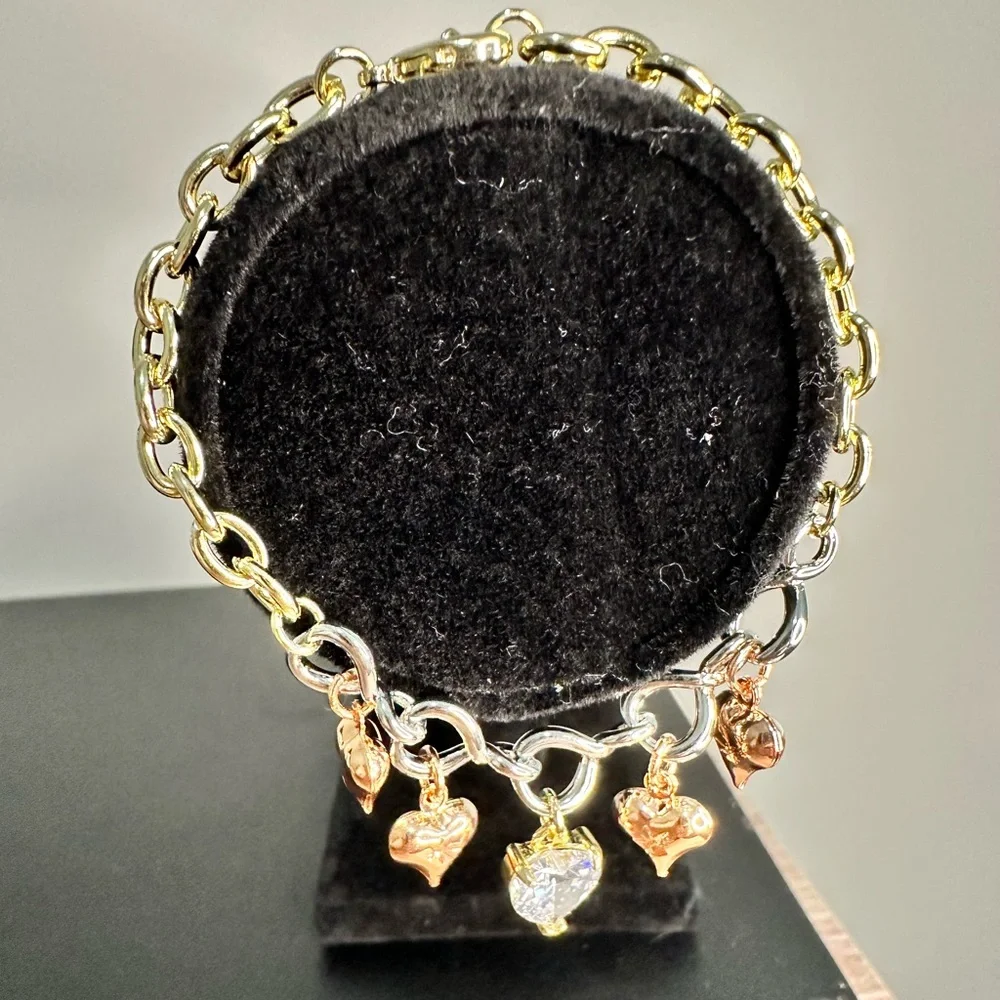 White Yellow & Rose Gold Crystal Heart Charm Bracelet